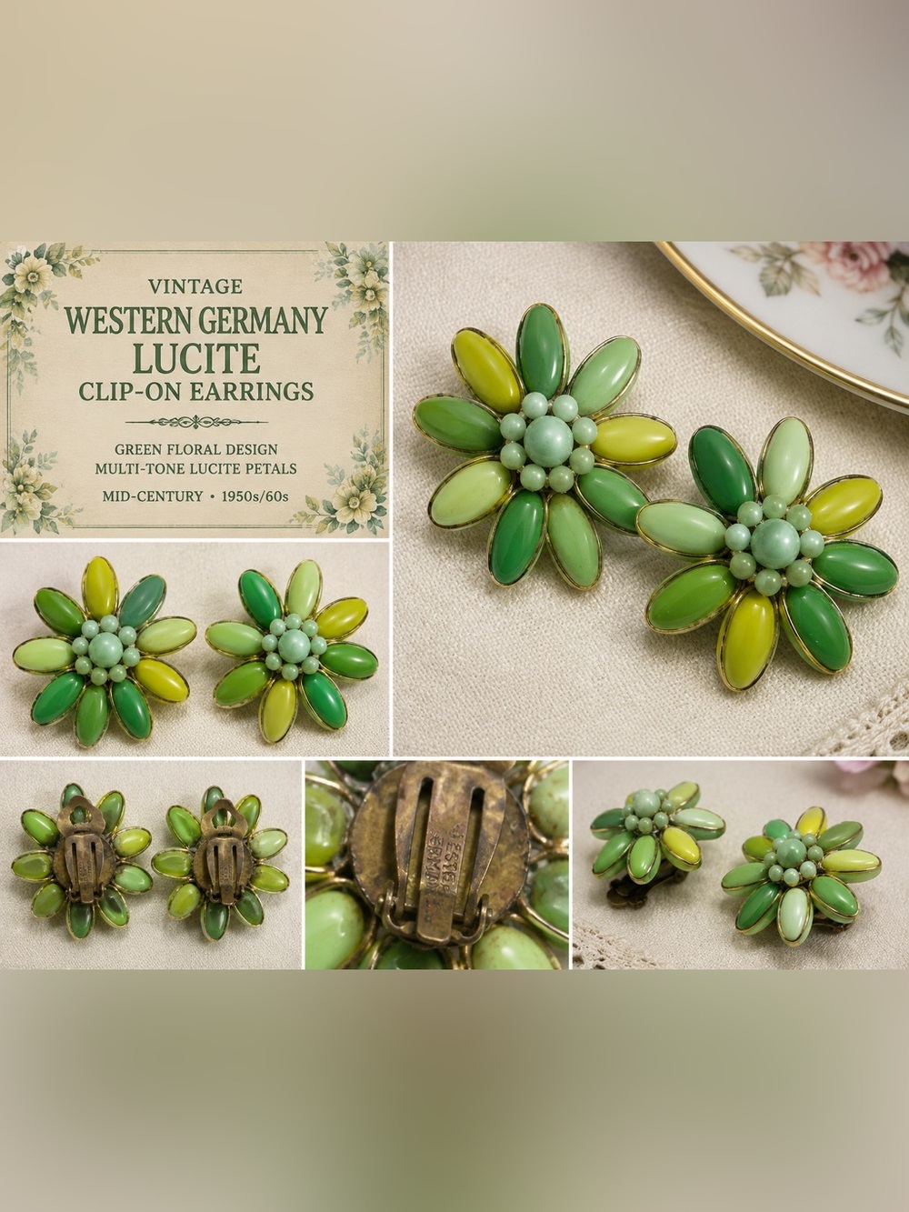 Vintage Green Flower Clip-On Earrings - Germany Lucite Floral Design